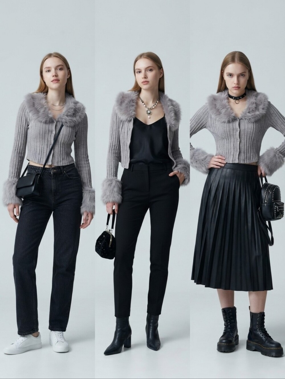 Detachable Faux Fur Collar Striped Cropped Cardigan